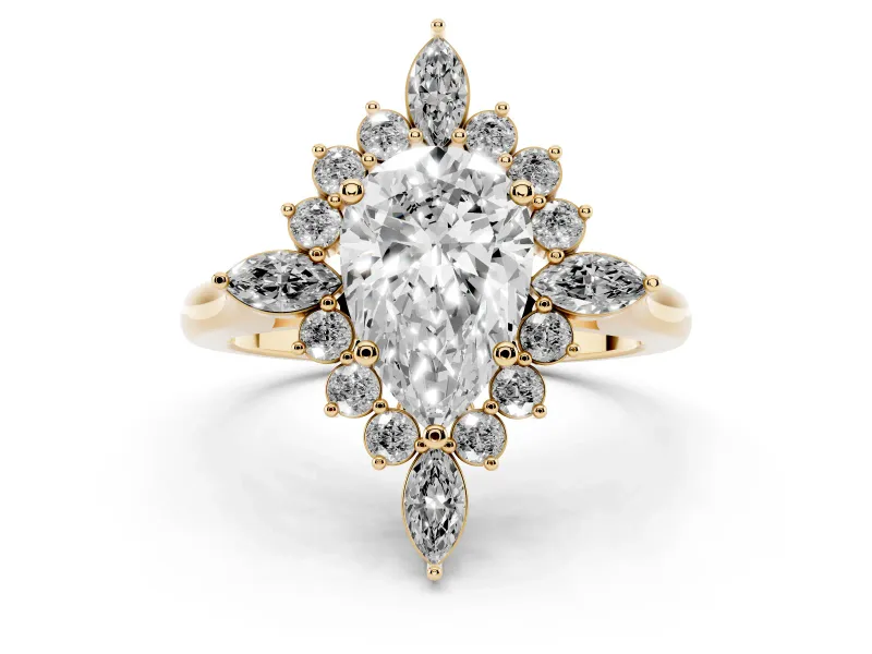 Pear Cut Diamond Cluster Halo Ring Set in Yellow gold with Marquise and Round Accents