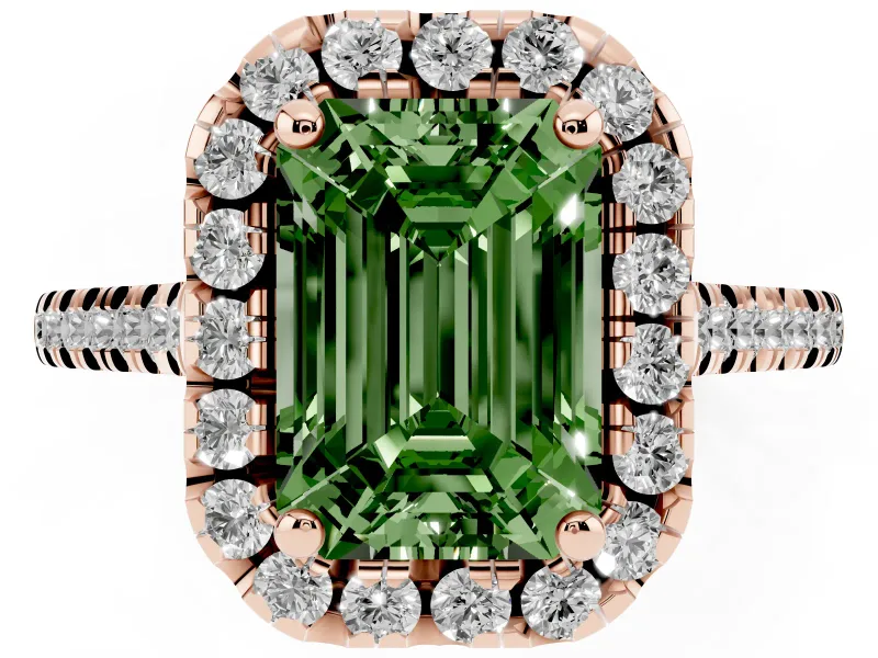 Emerald Cut Halo Engagement Ring Setting for a Fancy Green Lab-Grown Diamond | Tapered Band | Rose Gold