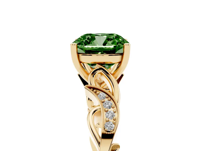 Cushion Cut Vine Engagement Ring Setting for a Fancy Green Lab-Grown Diamond | Yellow Gold