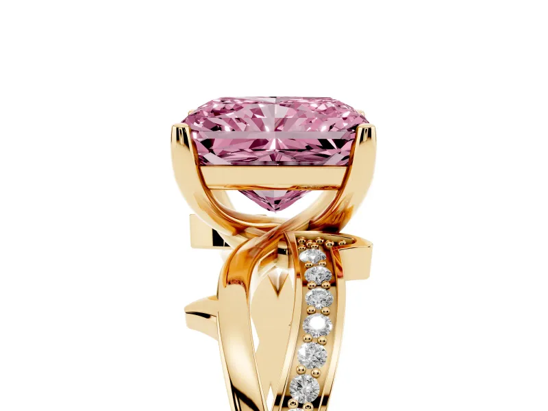 Fancy Pink Radiant Cut Diamond Pavé Twist Band Solitaire Ring Set in Yellow gold with Prong Setting