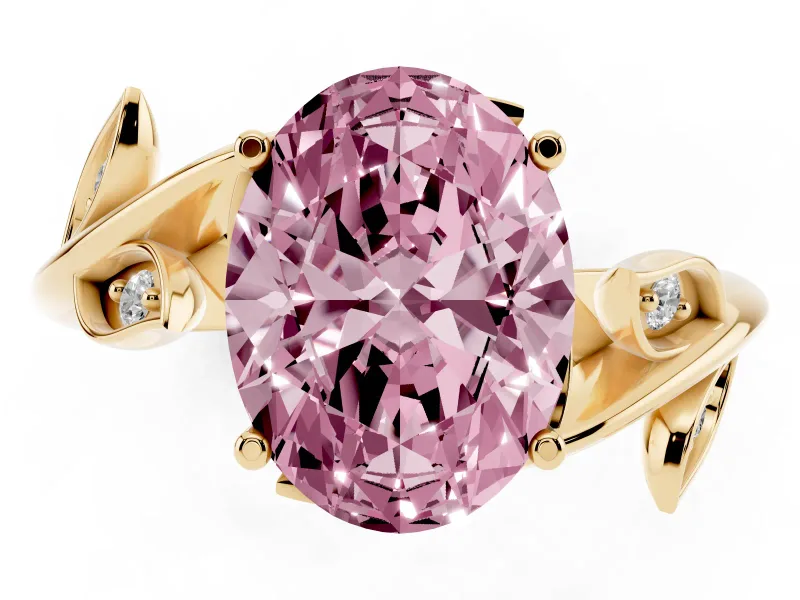 Fancy Pink Oval Cut Diamond Solitaire Twist Engagement Ring Set in Yellow gold with Pavé Leaf Accents