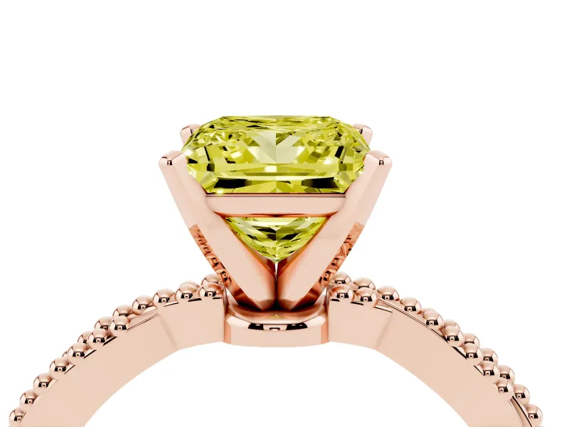 Fancy Yellow Princess Cut Diamond Solitaire Ring Set in Rose gold with Twisted Band and Bead Prong Setting