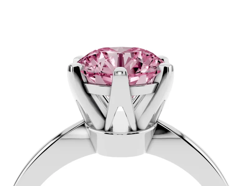 Fancy Pink Round Cut Diamond Solitaire Engagement Ring Set in Silver with Slim Tapered Solitaire Band