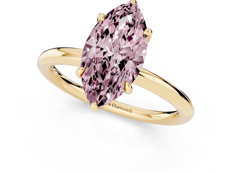Fancy Pink Marquise Cut Diamond Solitaire Ring Set in Yellow gold with Thin Band and Prong Setting
