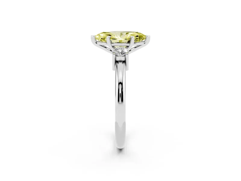 Fancy Yellow Three-Stone Marquise Cut Diamond Ring Set in Platinum with Prong Setting and Plain Band