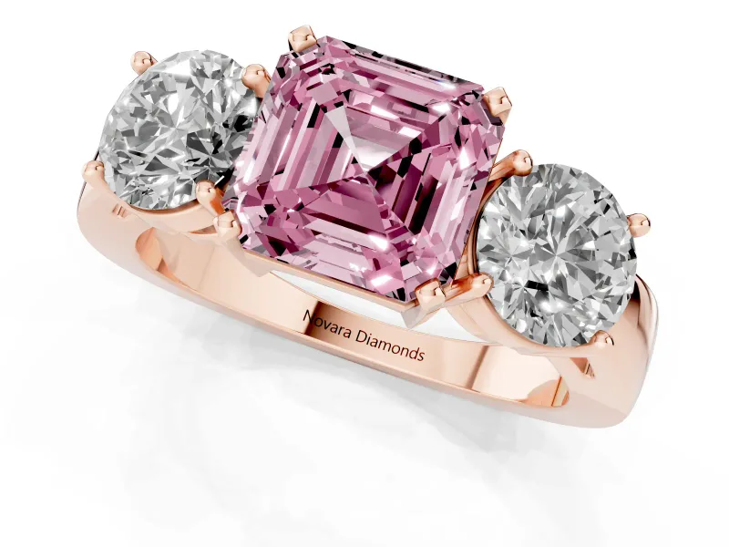 Asscher Cut Three Stone Engagement Ring Setting for a Fancy Pink Lab-Grown Diamond | Wide Plain Band | Rose Gold