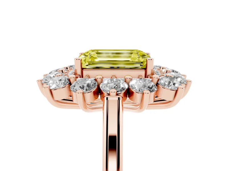 Emerald Cut Floral Double Halo Engagement Ring Setting for a Fancy Yellow Lab-Grown Diamond | Plain Band | Rose Gold
