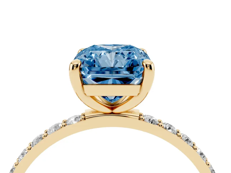 Radiant Cut Pave Solitaire Engagement Ring Setting for a Fancy Blue Lab-Grown Diamond | Pave Shoulders | Yellow Gold