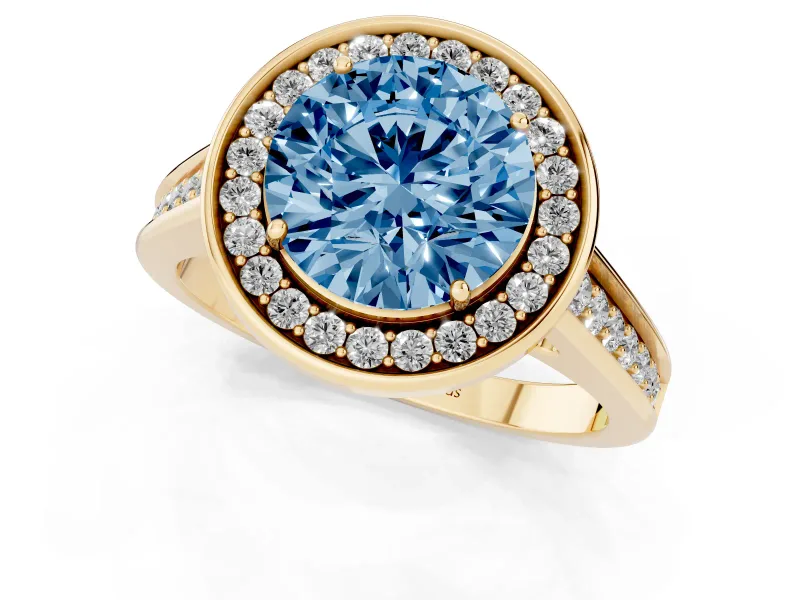 Round Rimmed Halo Engagement Ring Setting for a Fancy Blue Lab-Grown Diamond | Yellow Gold