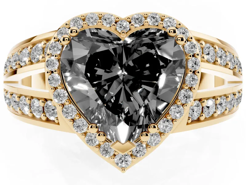 Fancy Black Heart Cut Diamond Halo Ring Set in Yellow gold with Double Pavé Split Shank
