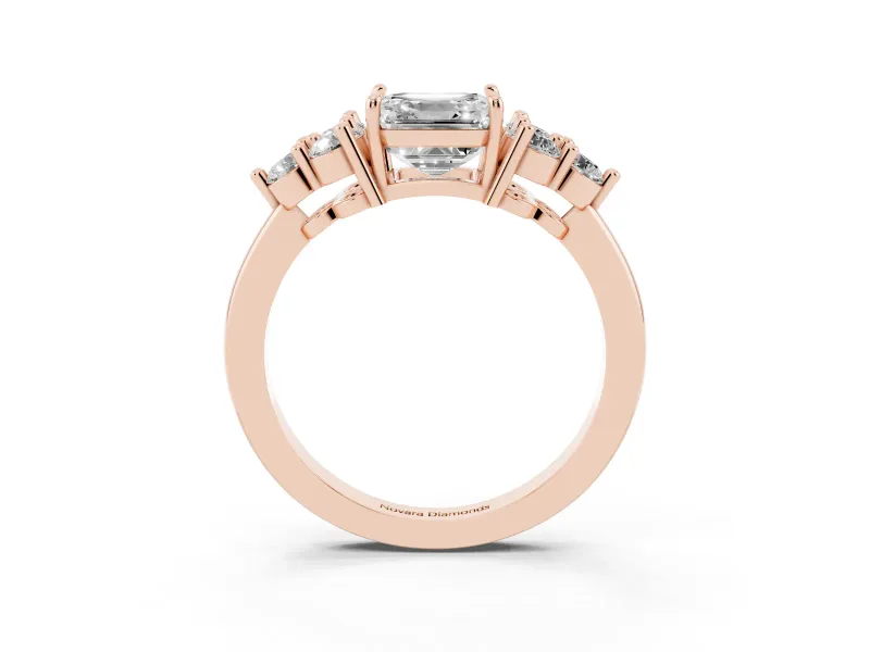Asscher Cut Diamond Solitaire Ring Set in Rose gold with Cluster Accents on Each Side