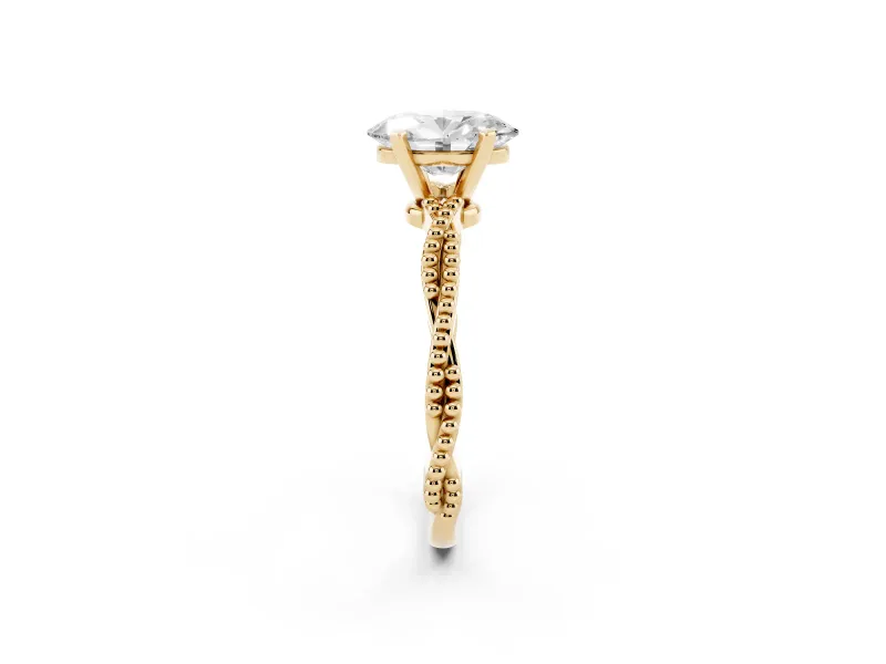 Oval Cut Diamond Solitaire Ring Set in Yellow gold with Twisted Band and Bead Prong Setting