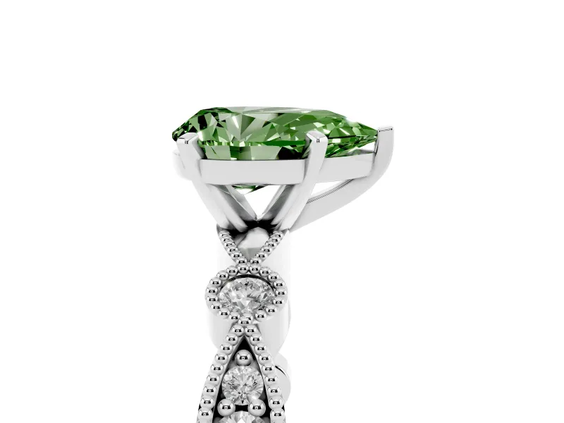 Fancy Green Pear Cut Diamond Solitaire Engagement Ring Set in Silver with Milgrain Bezel Accent Band