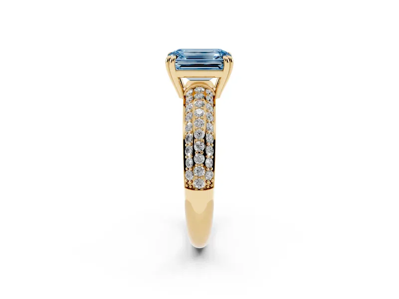 Emerald Cut Three Row Pave Engagement Ring Setting for a Fancy Blue Lab-Grown Diamond | Yellow Gold