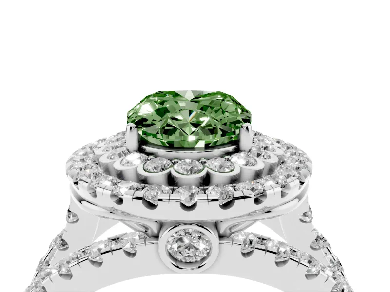 Oval Double Halo Engagement Ring Setting for a Fancy Green Lab-Grown Diamond | Pave Split Shank | Sterling Silver