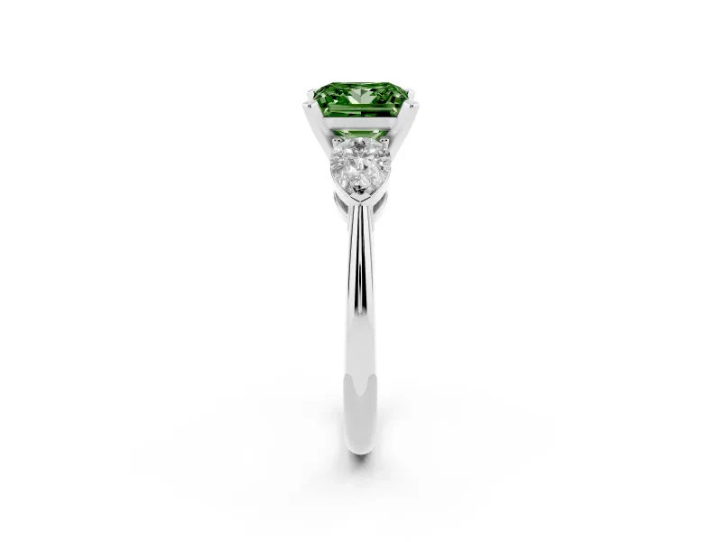 Fancy Green Three-Stone Princess Cut Diamond Ring Set in Platinum with Pear Side Stones and Prong Setting