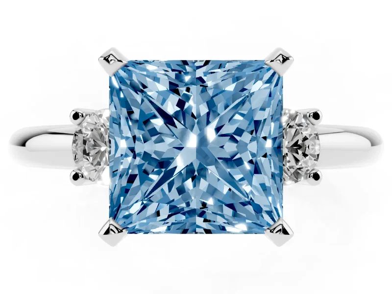 Fancy Blue Three-Stone Princess Cut Diamond Ring Set in White gold with Prong Setting and Plain Band