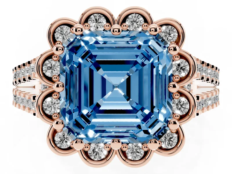 Asscher Cut Floral Halo Engagement Ring Setting for a Fancy Blue Lab-Grown Diamond | Pavé Split Shank | Rose Gold