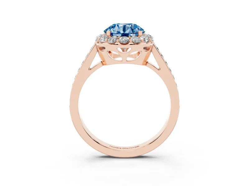 Fancy Blue Round Cut Diamond Floral Halo Ring Set in Rose gold with Pavé Band and Prong Setting