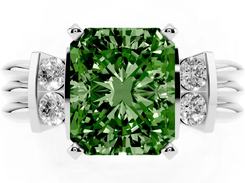 Fancy Green Three-Stone Radiant Cut Diamond Channel Set Ring Set in Silver with Bar Prongs