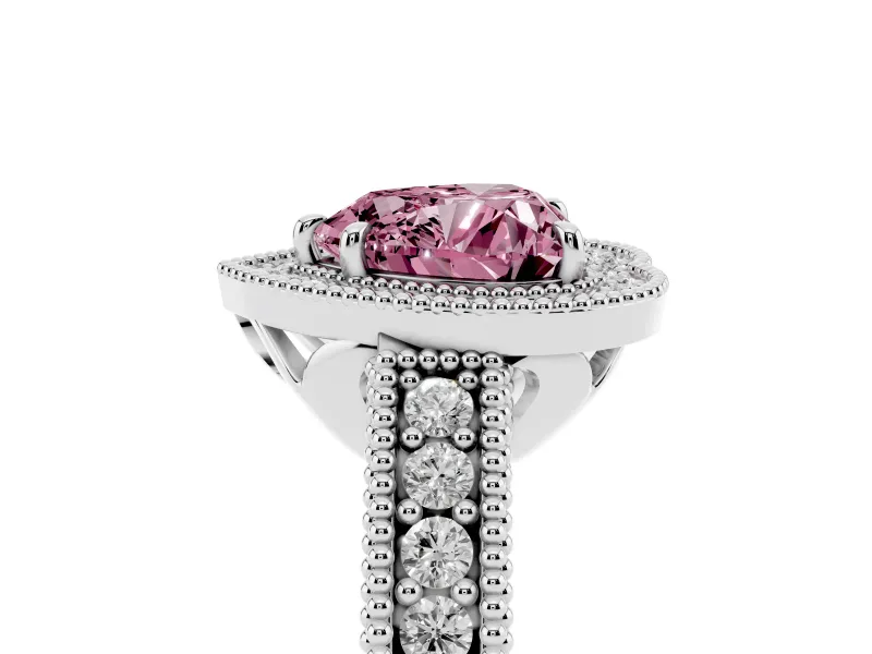Fancy Pink Heart Cut Diamond Halo Ring Set in Silver with Round Accent Halo, Pavé Band and Prong Setting