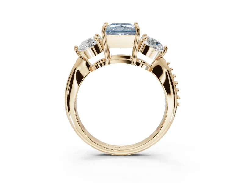 Princess Cut Three Stone Engagement Ring Setting for a Fancy Blue Lab-Grown Diamond | Tapered Pave Band | Yellow Gold