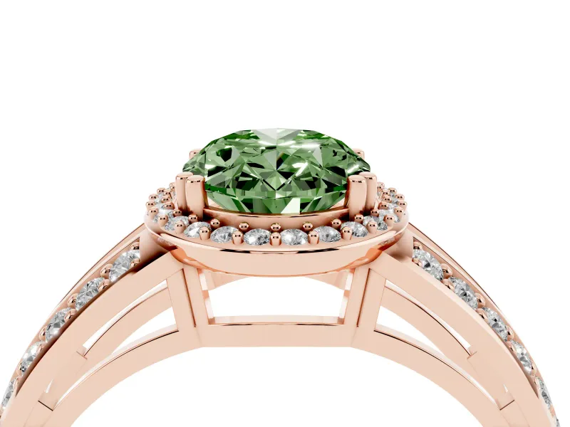 Fancy Green Oval Cut Diamond Halo Ring Set in Rose gold with Double Pavé Split Shank