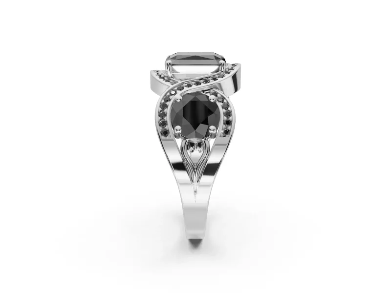 Radiant Cut Three Stone Halo Engagement Ring Setting for a Black Center | Pavé Wave Band | Platinum