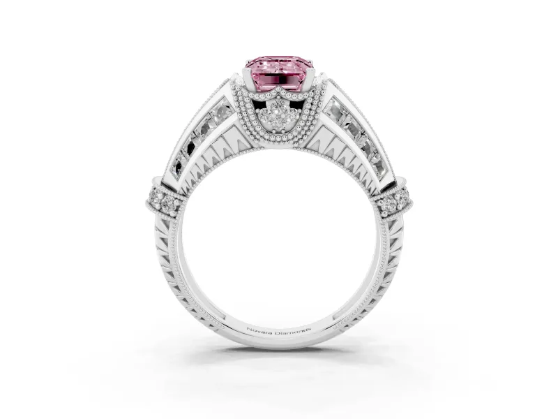 Fancy Pink Emerald Cut Diamond Vintage-Inspired Milgrain Ring Set in Platinum with Accent Split Shank