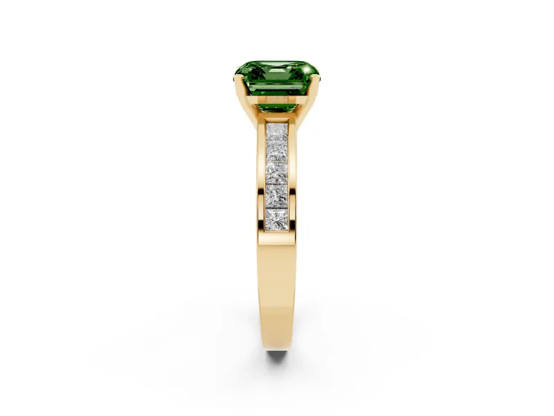 Fancy Green Asscher Cut Diamond Solitaire Ring Set in Yellow gold with Channel-Set Band and Prong Setting