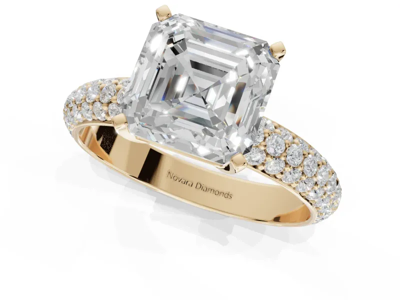 Asscher Cut Pavé Solitaire Engagement Ring Setting | Domed Pavé Band | Yellow Gold