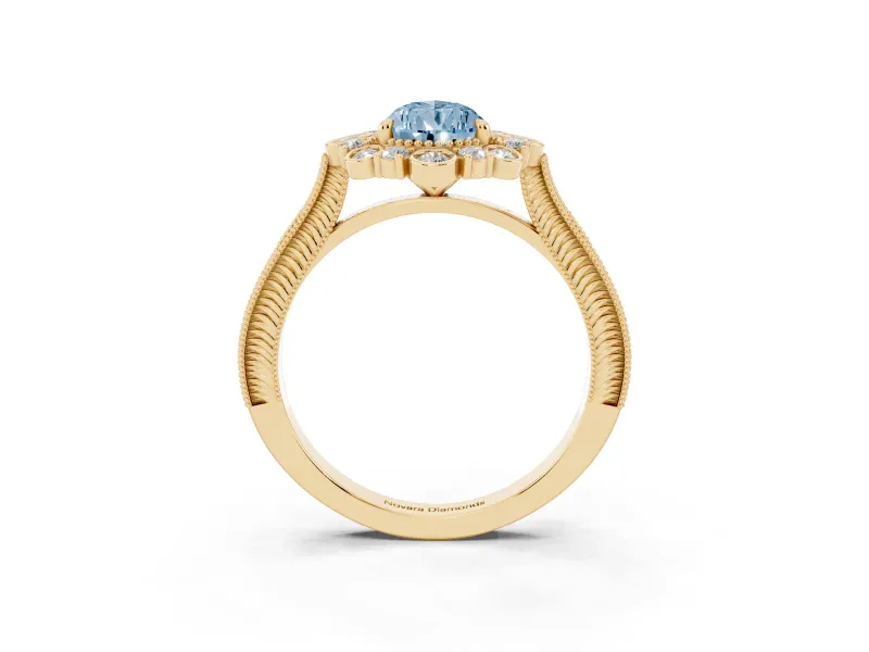 Fancy Blue Pear Cut Diamond Halo Milgrain Pavé Ring Set in Yellow gold with Prong Setting