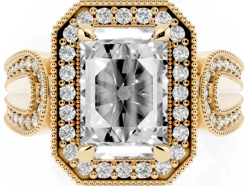 Emerald Cut Diamond Halo Ring Set in Yellow gold with Milgrain Accent Split Shank