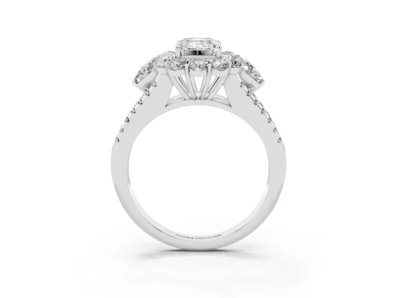 Emerald Cut Scalloped Halo Engagement Ring Setting | Pear Side Stones | Platinum