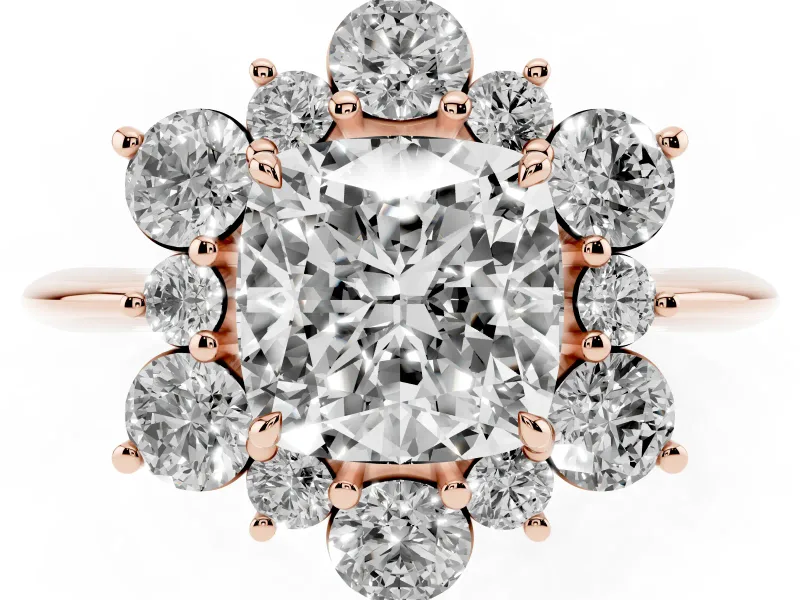 Cushion Cut Cluster Halo Engagement Ring Setting | Two-Size Accents | Rose Gold