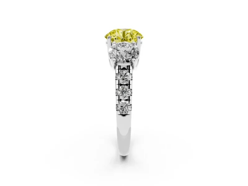 Round Three Stone Engagement Ring Setting for a Fancy Yellow Lab-Grown Diamond | Accented Shoulders | Platinum