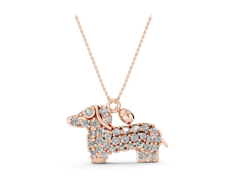 Round Lab-Grown Diamond Dachshund Pendant Necklace | Bell Charm | Rose Gold