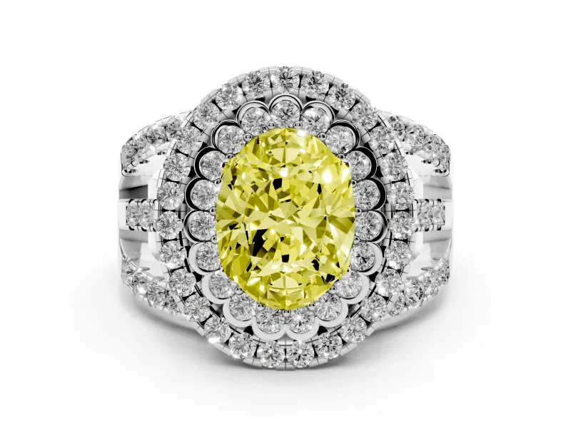 Fancy Yellow Oval Cut Diamond Double Halo Ring Set in Silver with Round Pavé Split Shank
