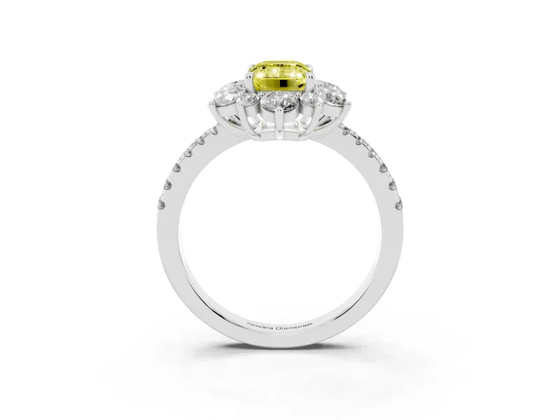 Fancy Yellow Emerald Cut Diamond Floral Halo Ring Set in White gold with Round Pavé Band and Prong Setting