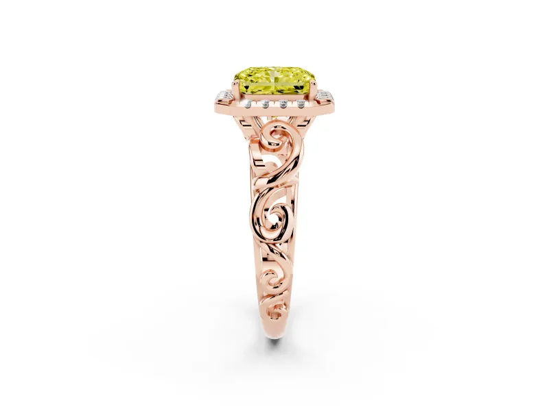 Fancy Yellow Radiant Cut Diamond Halo Ring Set in Rose gold with Scrollwork Band and Prong Setting