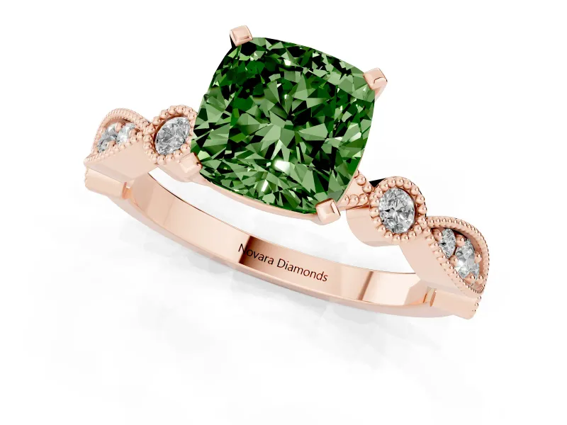 Fancy Green Cushion Cut Diamond Solitaire Engagement Ring Set in Rose gold with Milgrain Bezel Accent Band