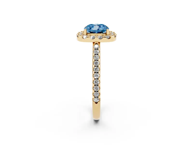 Cushion Cut Pave Halo Engagement Ring Setting for a Fancy Blue Lab-Grown Diamond | Pave Band | Yellow Gold