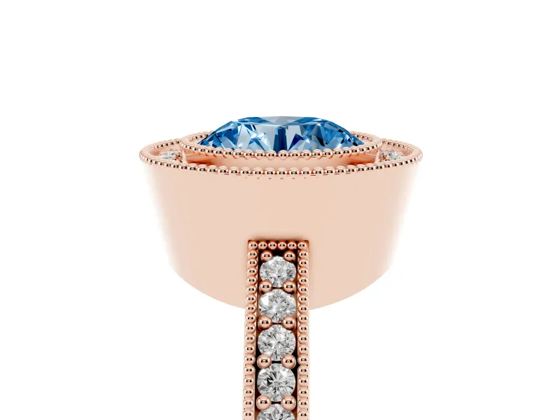Round Milgrain Halo Engagement Ring Setting for a Fancy Blue Lab-Grown Diamond | Pave Band | Rose Gold