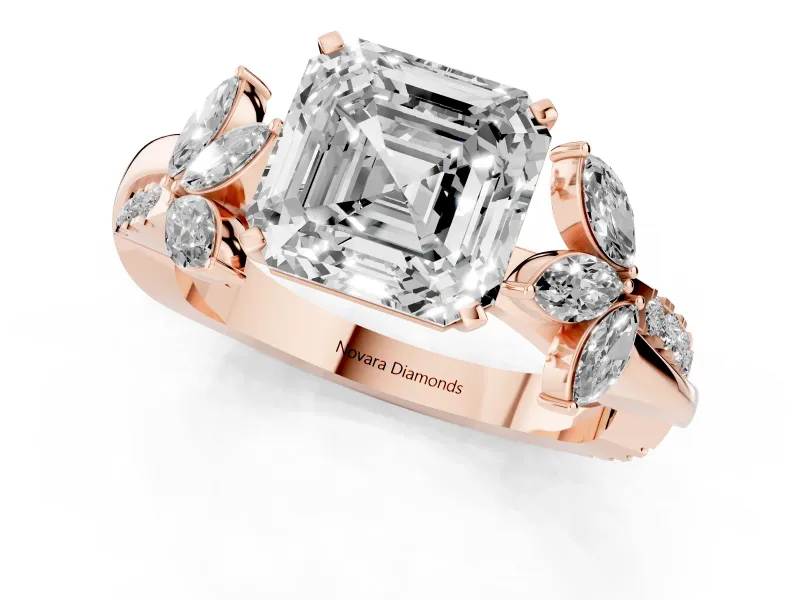 Asscher Cut Diamond Floral Vine Solitaire Engagement Ring Set in Rose gold with Marquise Leaves
