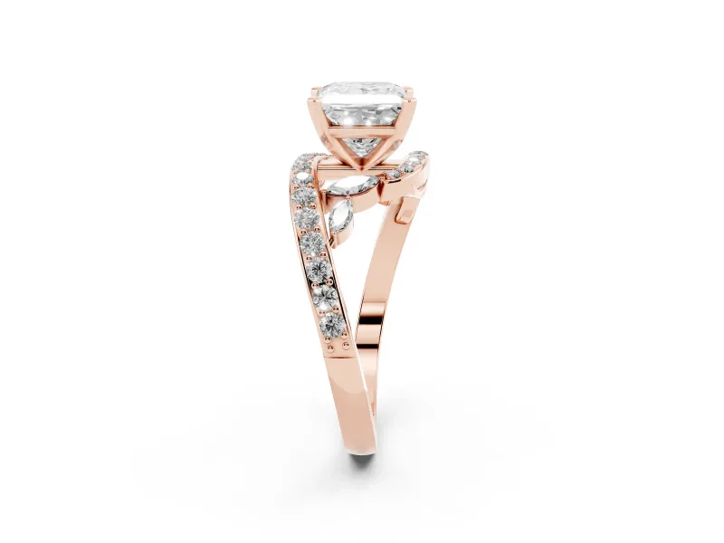 Princess Cut Bypass Pavé Engagement Ring Setting | Marquise Accents | Rose Gold