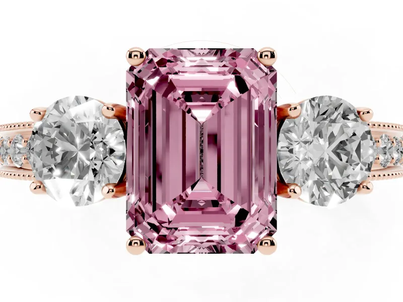 Fancy Pink Emerald Cut Diamond Three-Stone Ring Set in Rose gold with Round Side Stones and Pavé Band