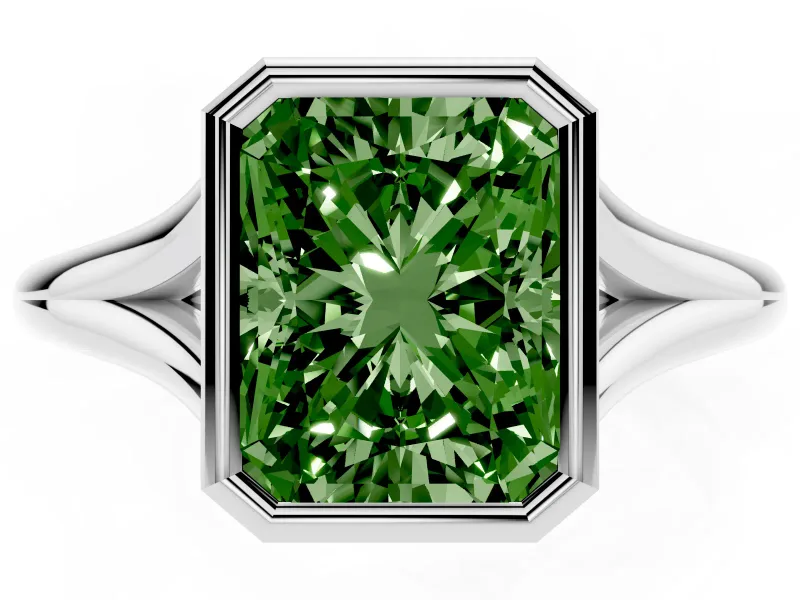 Fancy Green Bezel Set Radiant Cut Diamond Solitaire Ring Set in Silver with Tapered Band