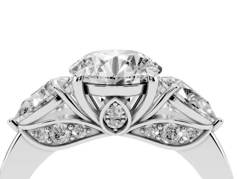 Round Three Stone Engagement Ring Setting | Pear Side Stones | Platinum