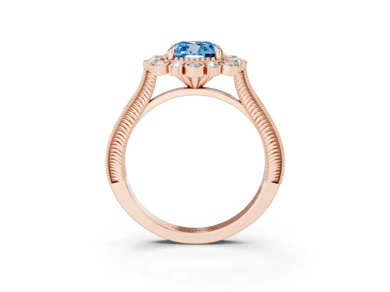 Fancy Blue Cushion Cut Diamond Halo Milgrain Pavé Ring Set in Rose gold with Prong Setting