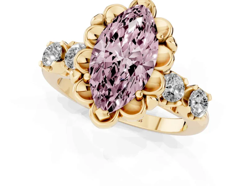 Marquise Floral Engagement Ring Setting for a Fancy Pink Lab-Grown Diamond | Petal Frame and Side Stones | Yellow Gold